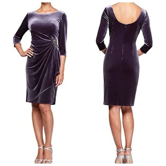 Alex Evenings Velvet Cocktail Dress Sz 14 Purple Side Draped 3/4 Sleeve - Picture 1 of 14